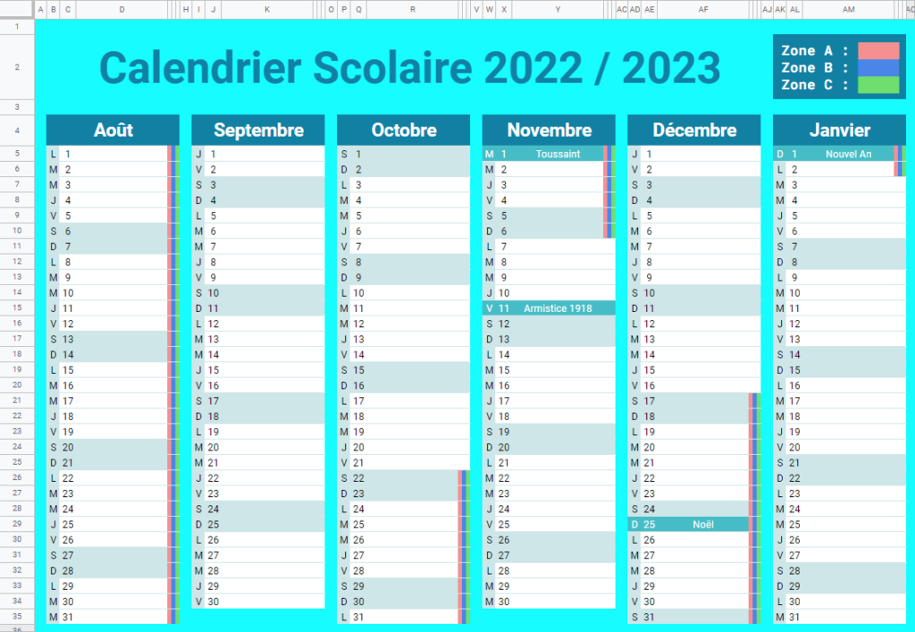 Aperçu du calendrier montrant les mois de août 2022 à janvier 2023.